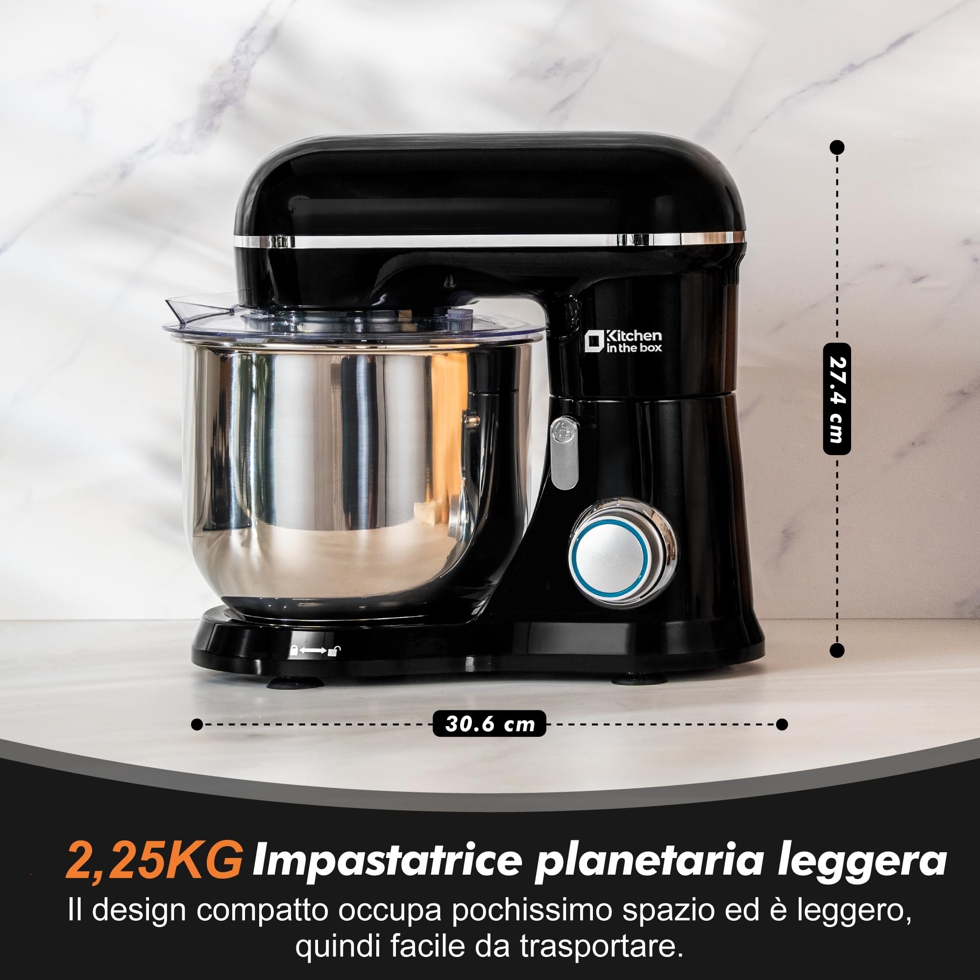 Kitchen in the box Impastatrice Planetaria, 3,5L Piccolo Planetaria Professionale, 10 Velocità Impastatrice Pizza con Uncino Impastatore, Mescolatore, Frusta Sbattitric (Nero)
