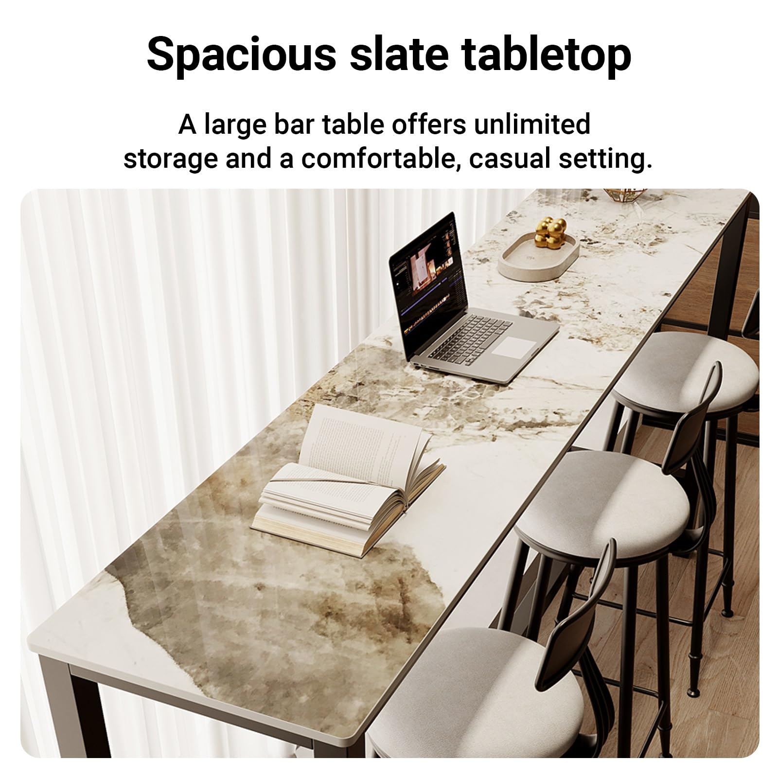 Table de bar industrielle de hauteur de comptoir – 180 cm blanche design étroit pour cuisine, salle à manger, cafés et restaurants, pas besoin de tabourets, parfaite pour les balcons et les espaces.