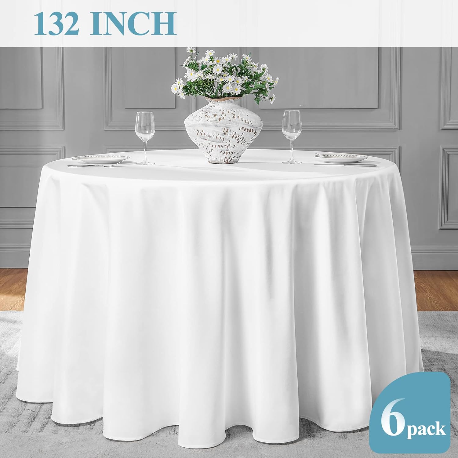 VidaFete Round Tablecloth 132inch 6pack Polyester Table Cloth, Stain Wrinkle Resistant Polyester Dining Table Cover for Kitchen Dinning Party Wedding Rectangular Tabletop Buffet Decoration(White)