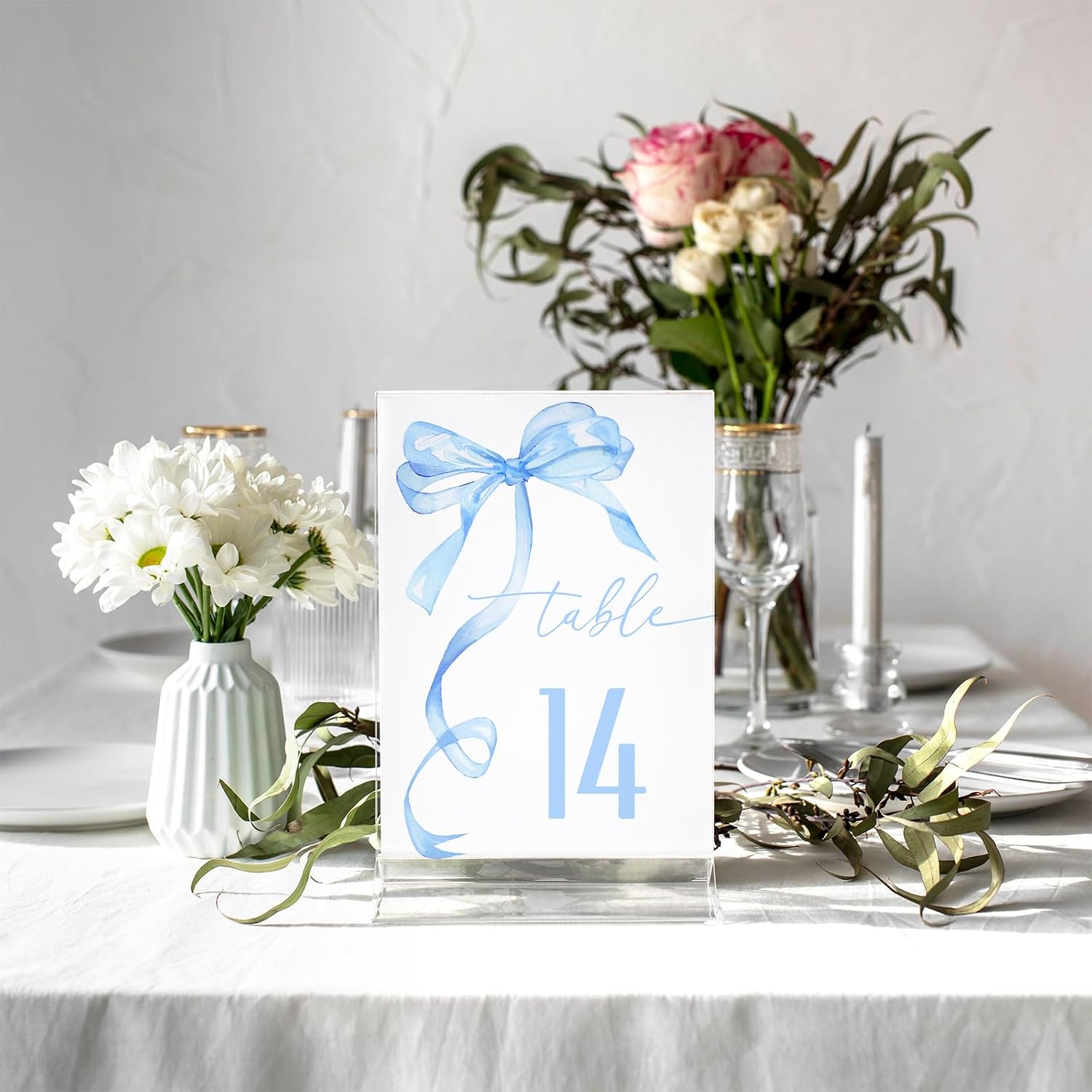 JarThenaAMCS 30 Pcs Blue Bow Table Numbers Coquette Bow Reserved Seating Signs Watercolor Bow Tie Table Signs for Wedding Birthday Party Reception