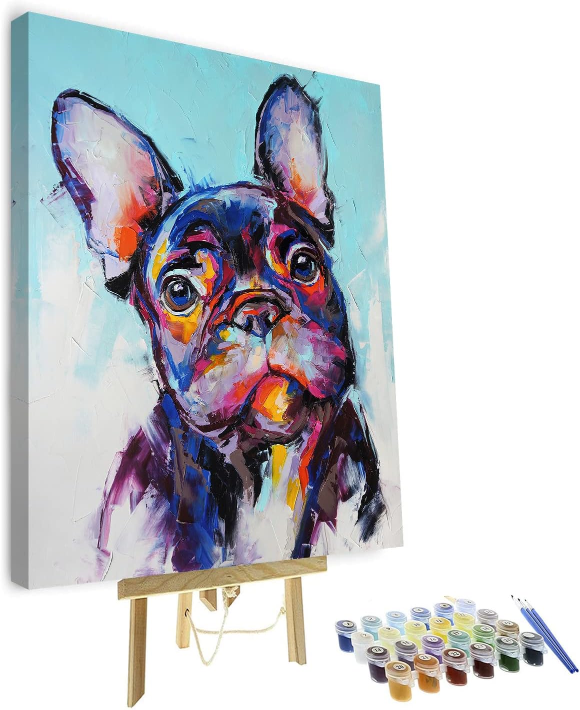 Oil Hand Painting French Bulldogs DIY Paint by Numbers Dog Portrait Painting on Canvas for Adults Beginner Kids Drawing with Brushes Christmas Gift (with Framed) Wall Decorations 16" W x 20" L