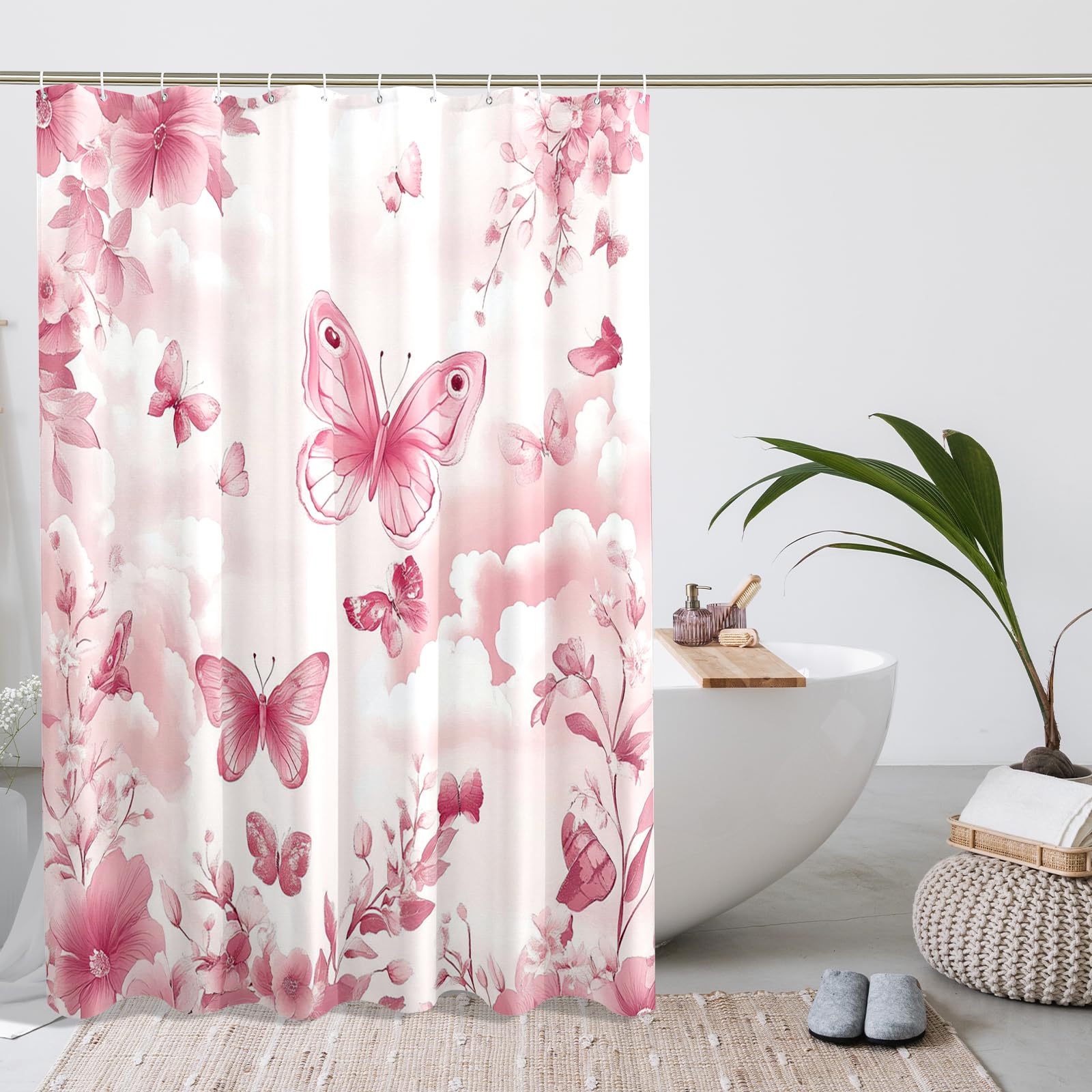 DESIHOM Peach Cute Butterflies Shower Curtain Set, Kawaii Fun Kids Shower Curtain, Cute Girls Bathroom Accessories, Fabric Decorative -62 Inch