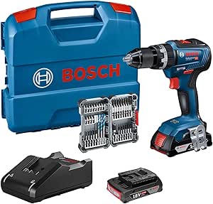 Bosch Professional 18V System Akku Schlagbohrschrauber GSB 18V-55 (max. Drehmoment 55 Nm, inkl. 2x2,0 Ah Akku + Ladegerät, 35tlg. Impact Zubehör Set, in L-Case) - Amazon Exclusive Set