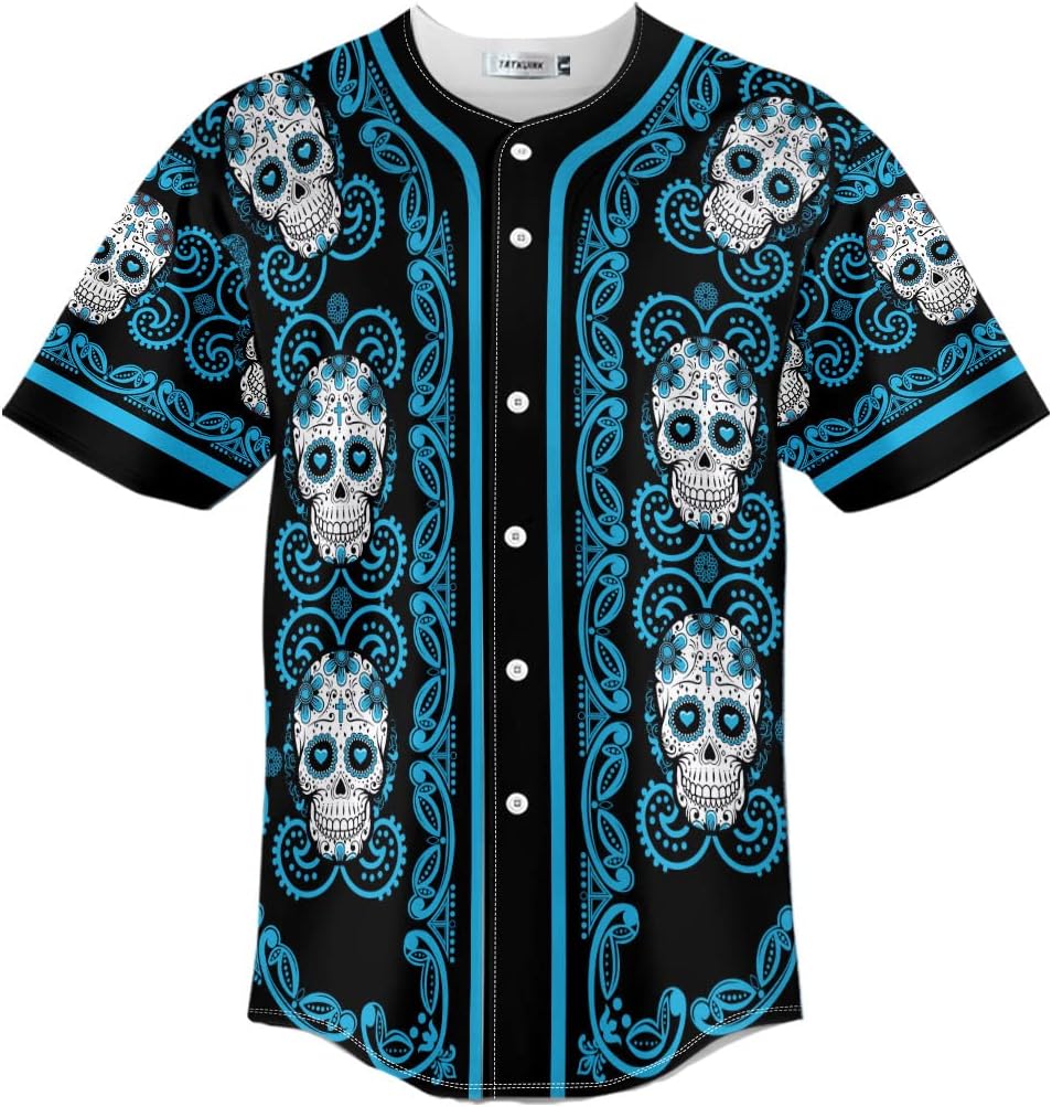 Doodle Floral Pattern of White Sugar Skull Baseball Jersey Men 3D Printed Button Down Short Sleeves Shirts Gifts