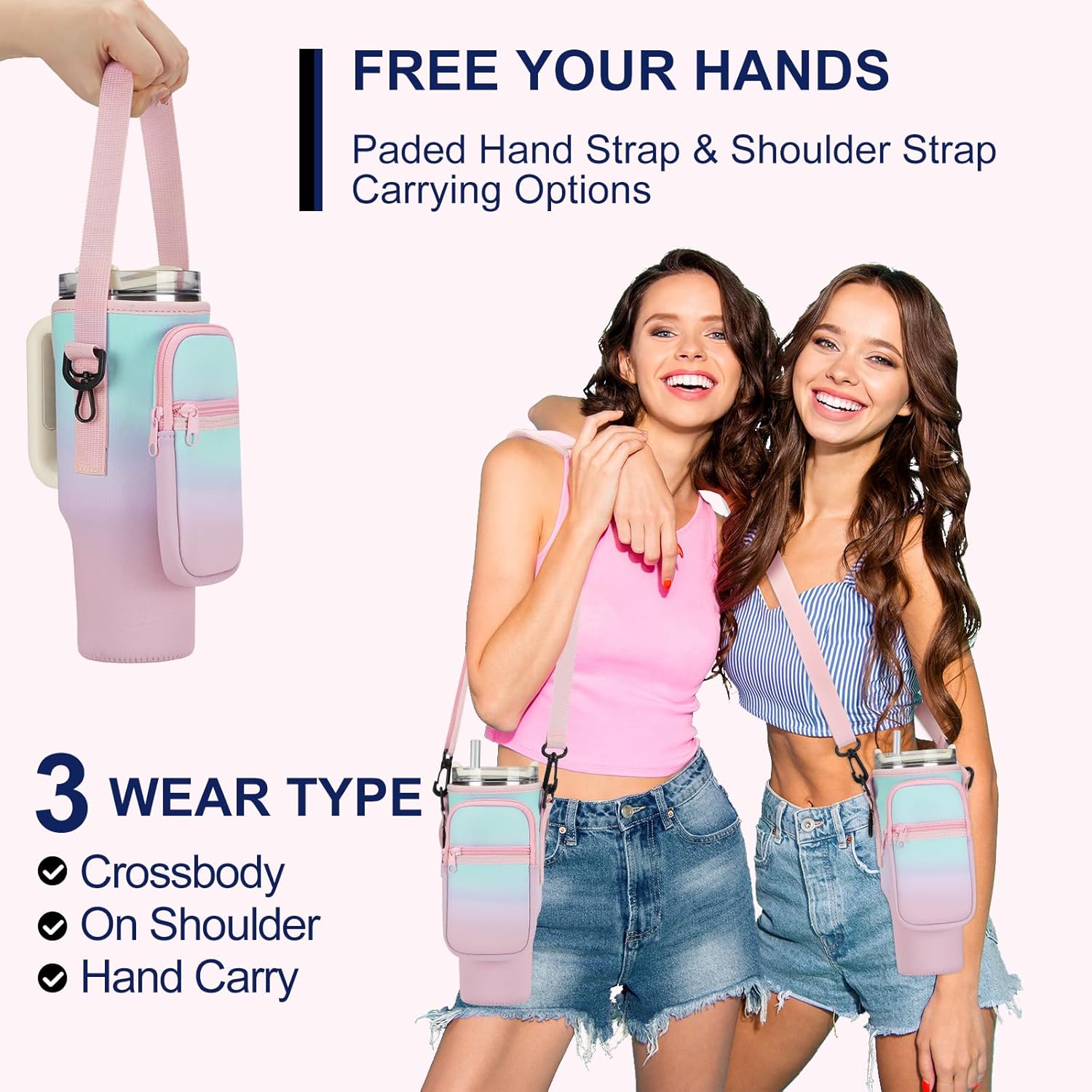 Water Bottle Carrier Bag for Stanley 40/30 oz Tumbler with Phone Pocket Neoprene Water Bottle Holder with Shoulder & Handheld Strap Stanley Cup Accessories - Image 3