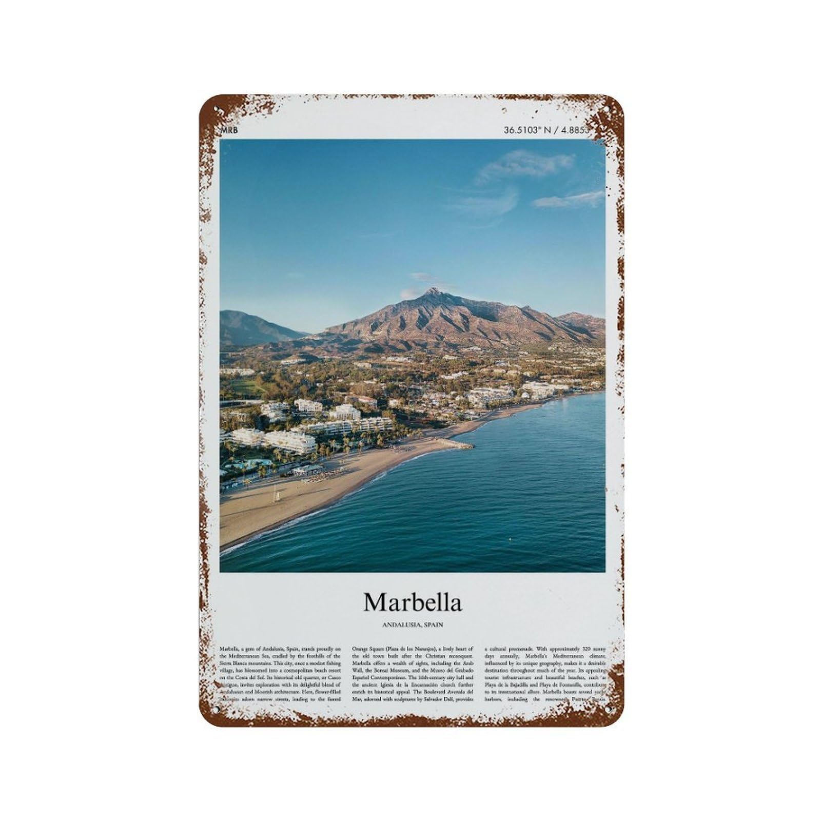 xiaoxiaoshen Marbella Andalusia, Spain City Scenery Wall Decor Art Metal Tin Poster Modern Home Decor Art Home Bar Shop Decorations Vintage Sign 30x20cm