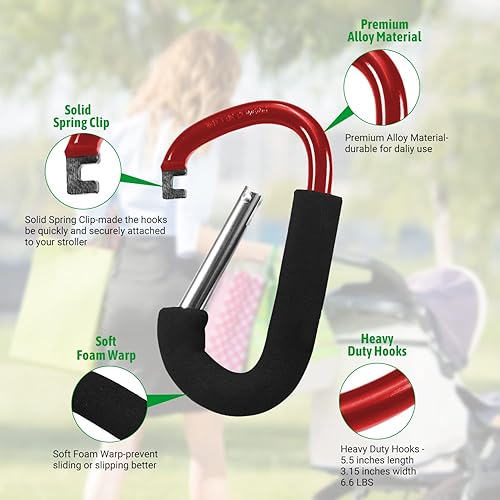 Miniatura 4 de Yinpecly Paquete de 2 ganchos para cochecito de bebé, ganchos grandes de 5.51 pulgadas de longitud para mamá, práctico organizador de ganchos para