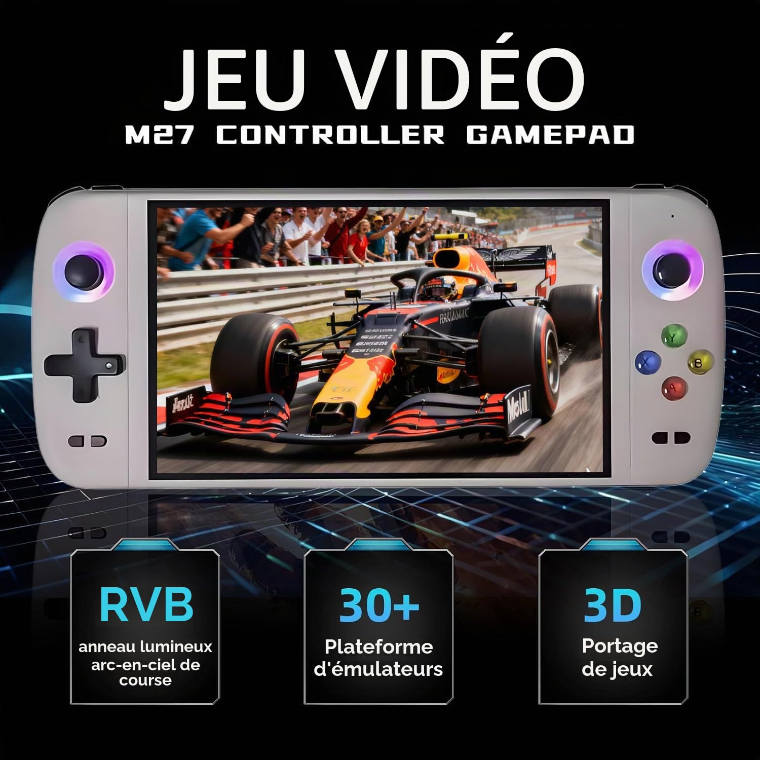 Console de jeu portable M27 - 128 Go de mémoire interne avec 30 000 jeux - Système Linux - Écran IPS de 7" - Mini console d'arcade portable - Format de poche - Édition HD (gris, 128 g)