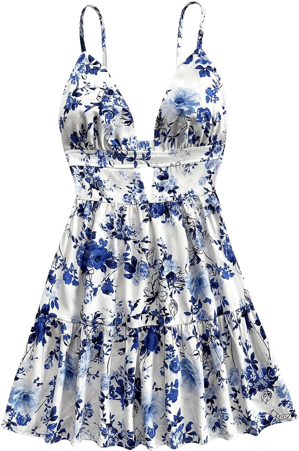 Floerns Women's Boho Floral Mini Dress – Cut Out V Neck Tiered Summer Cami Dress