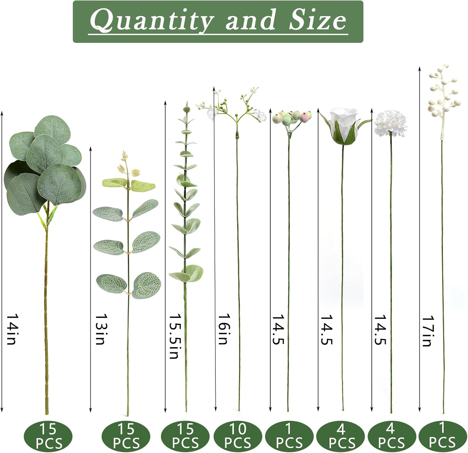 65 Pcs 7 Kinds Mixed Artificial Eucalyptus Stems and Faux Flowers,Fake Silver Dollar Eucalyptus Leaves Stems Bulk Real Touch Leaf Branches for DIY Bouquets Floral Arrangement Wedding Home Decor