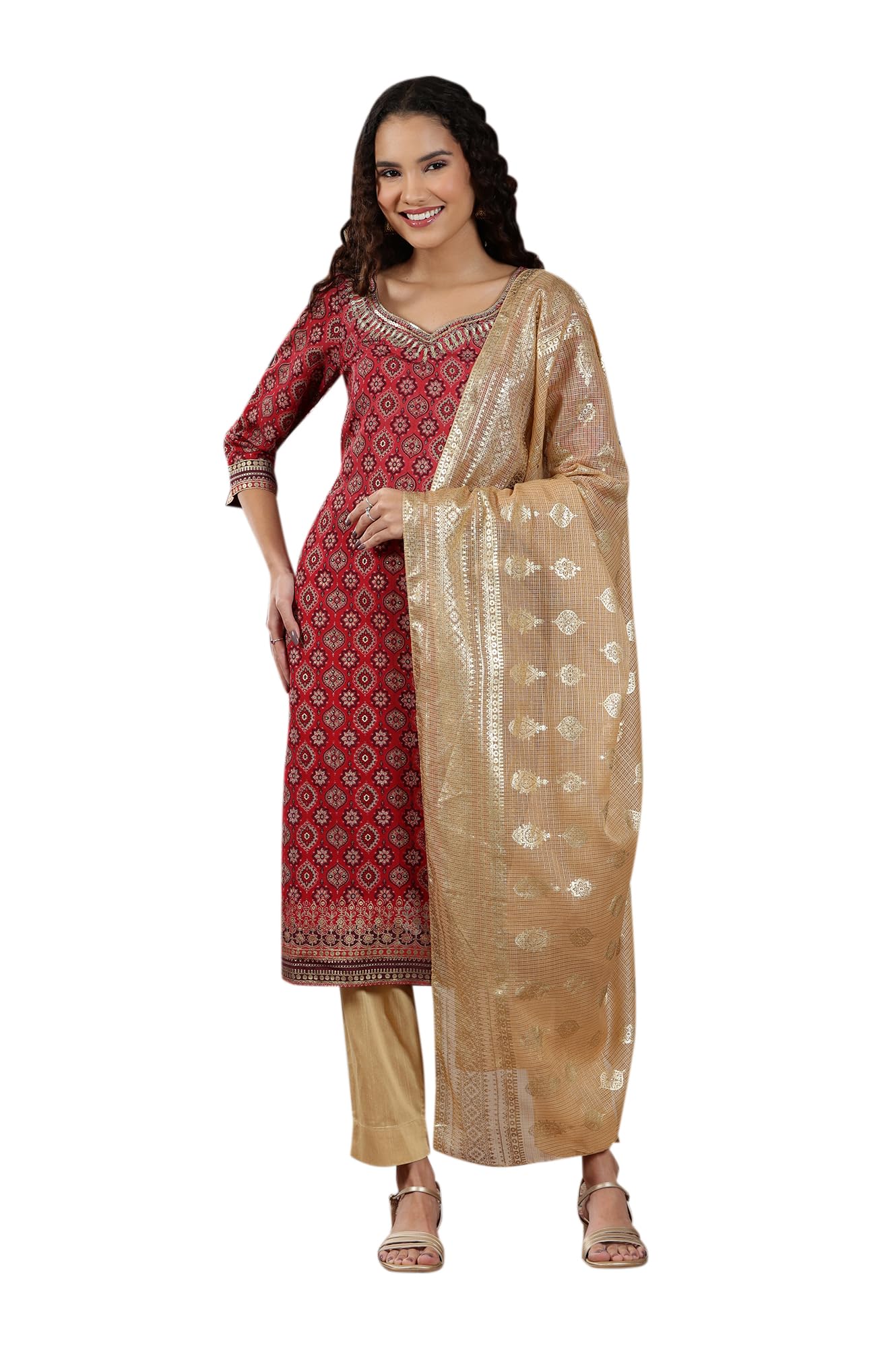 aurelia Women's Gold Kota Doria Dupatta with Floral Motifs-picture-10