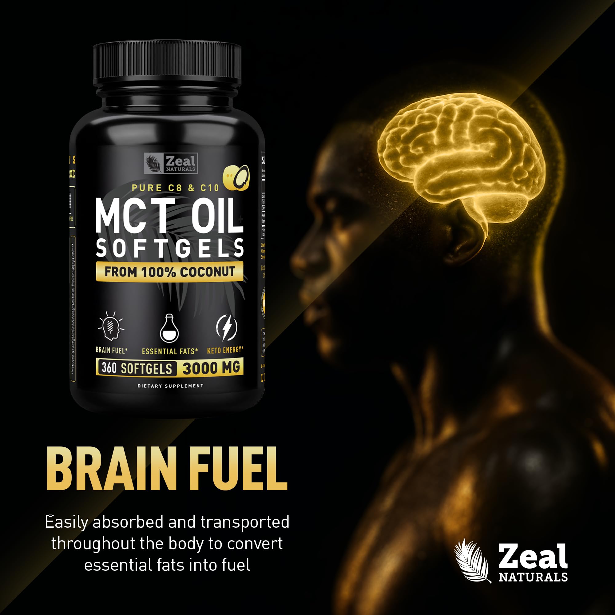 Zeal Naturals Pure MCT Oil Capsules - 3000mg, 360 Softgels |C10, C8 MCT Oil Unrefined Coconut | Energy Support & Brain Fuel Supplement | Gluten-Free — Amazon image 5