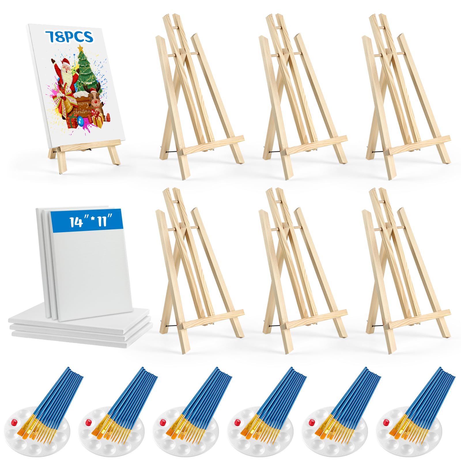 78 Pcs Painting Supplies-6*(16" Easels+11"x14"Stretched Canvases)+60 Brushes+6 Palettes,Paint Set for Paint Parties,Sip and Paint,Couples Painting
