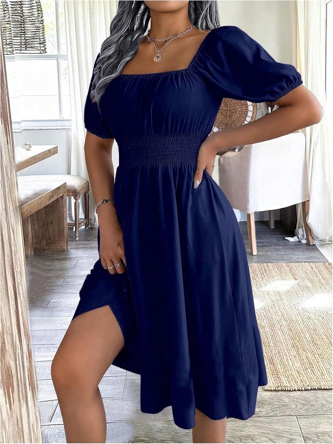 WDIRARA Women's Square Neck Puff Short Sleeve Ruffle Dress Smocked A Line Flowy Midi Dresses - Image 3