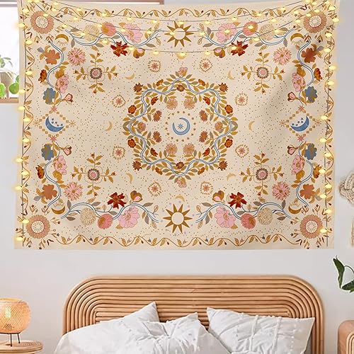 Miniatura 9 de TTYQXZ Tapiz de pared bohemio  Tapiz floral de vid para colgar en la pared, tapiz celestial, luna y estrella, hippie para decoración del hogar,