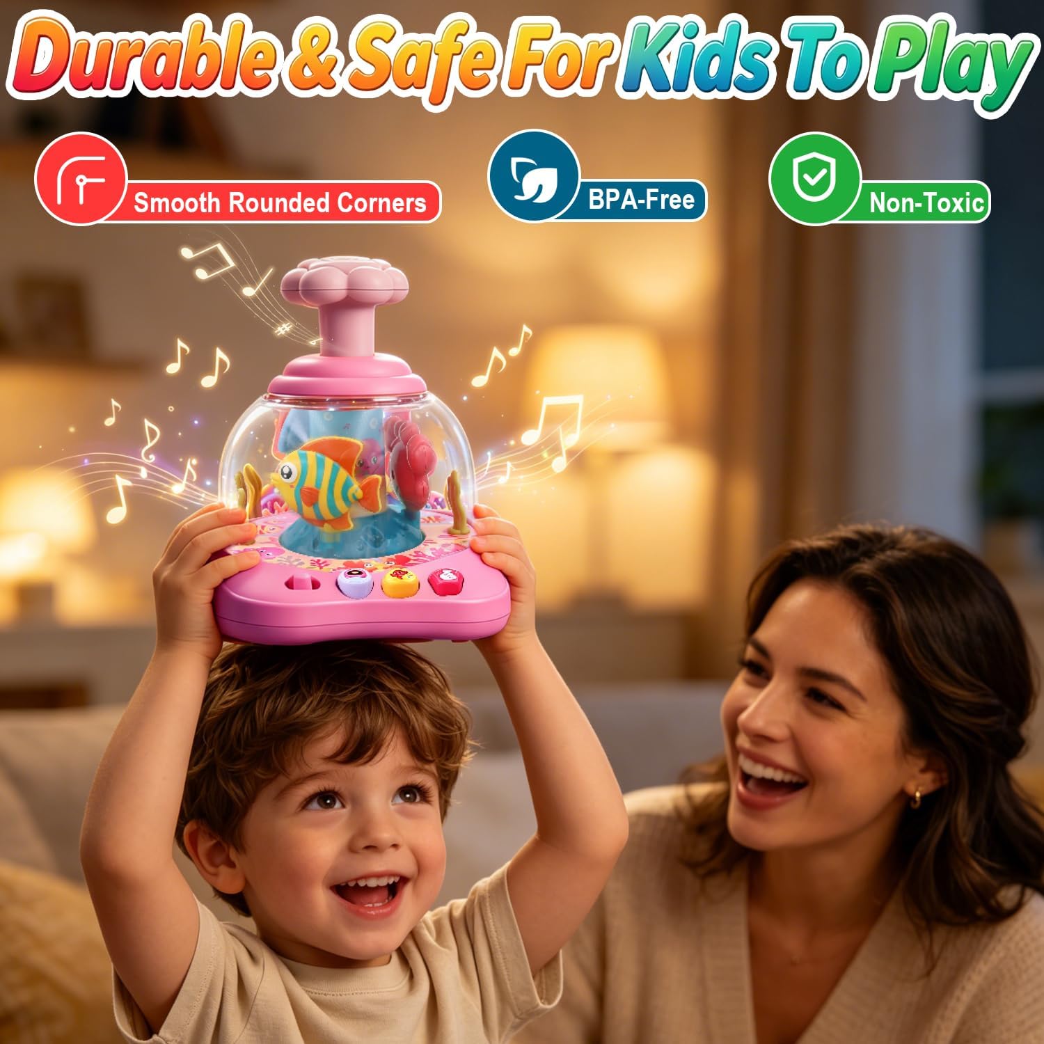 Ansee Baby Spinner Toy, Aquarium Themed Press & Spin Light Up Toy for 7 8 9 10 11 Months Babies, Spinning Toys for Infants with Music & Lights, Sensory Spinner Toys for Toddlers 1-3 (Pink)