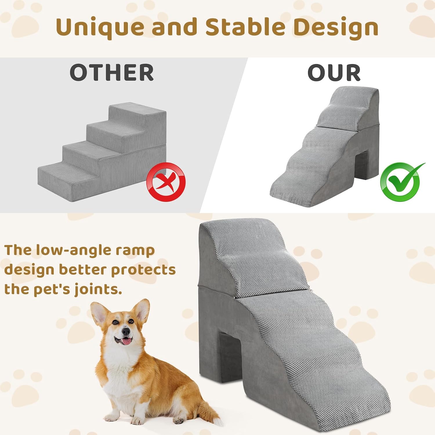 Outvita Dog Stairs, 5-Step Dog Steps for High Bed, Pet Steps for Small Dogs and Cats, Non-Slip Balanced Pet Ramp Indoor, Grey