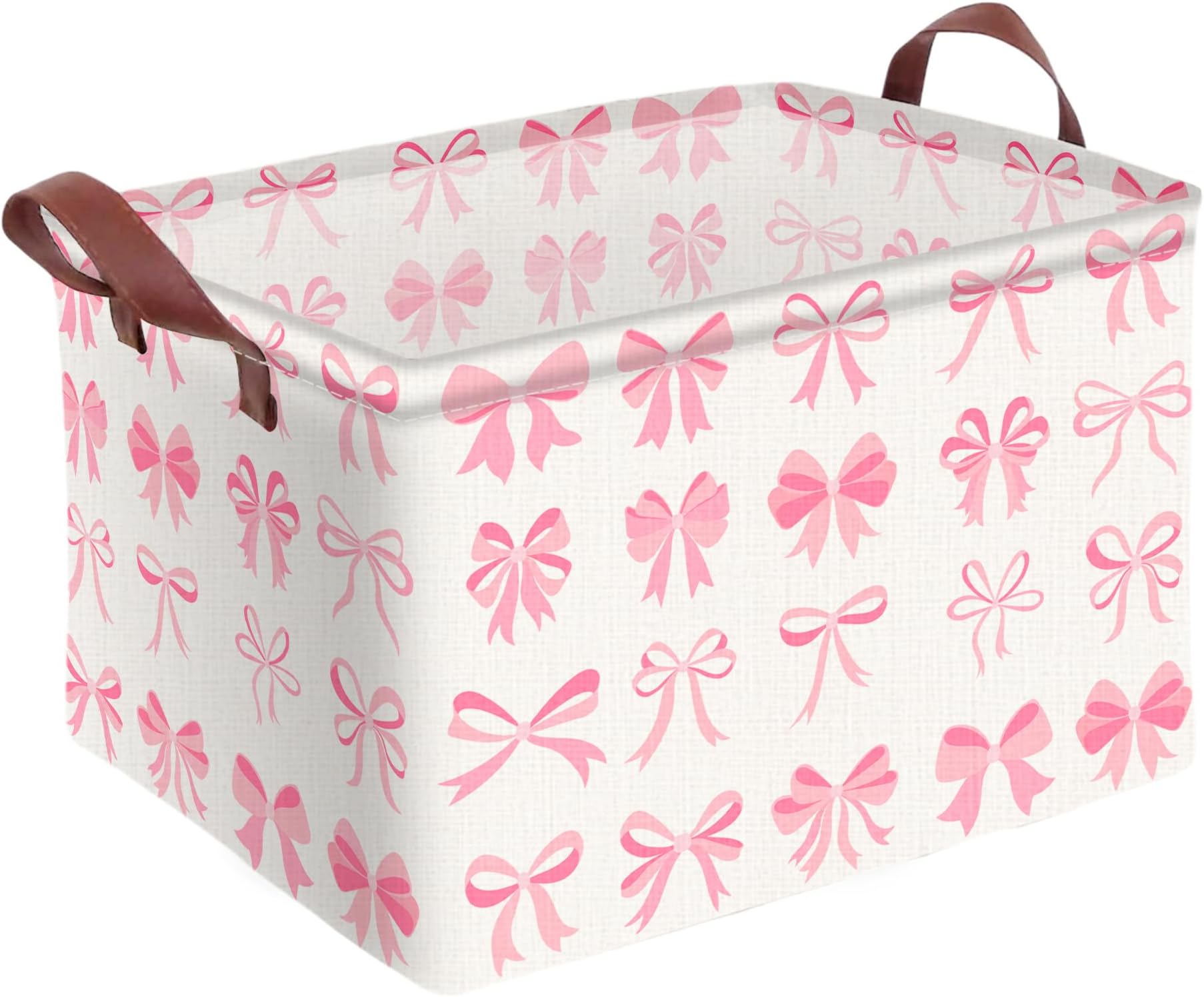 - Pink Bow Decor Storage Basket Waterproof Canvas Toy Storage Bin Coquette Room Decor Collapsible Outdoor Basket with Leather Handles Pink Blanket Baskets For Closets,Bedrooms,Gifts Baskets