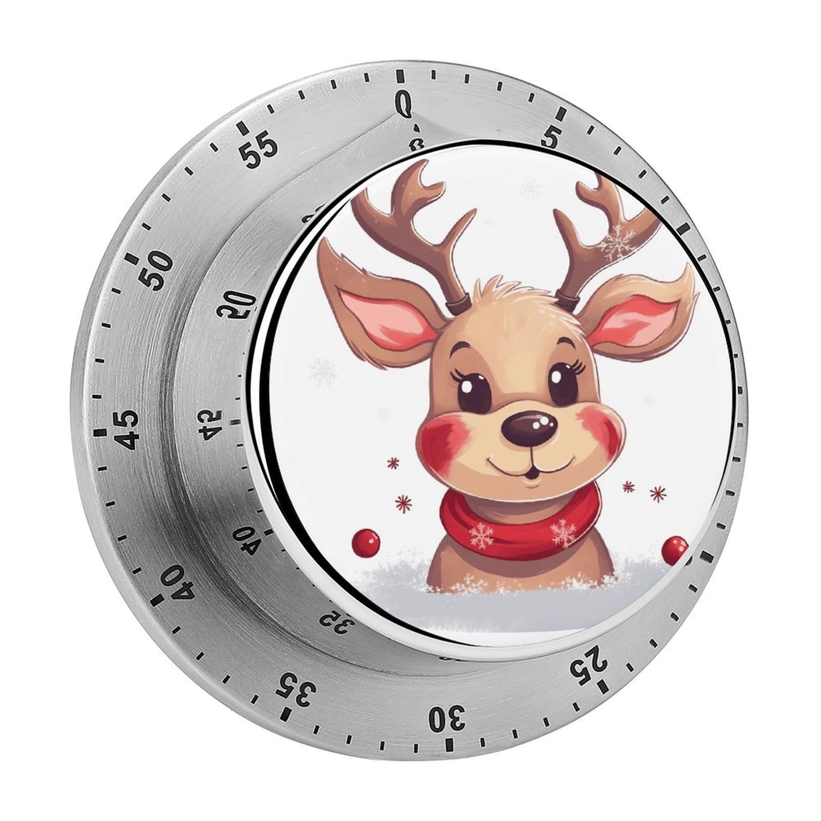 Mechanical Kitchen Timer with Magnetic Back, Stainless Steel Manual Cute Xmas Reindeer Printed Timer for Cooking and Time Management