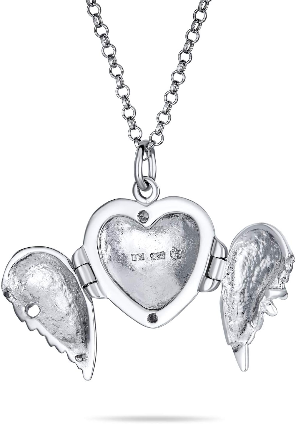 Bling Jewelry Personalize Plain Dome Protection Guardian Angel Wing Feathered Heart Shaped Keepsake Locket For Women Teens Holds Photos Pictures .925 Silver Necklace Pendant Customizable