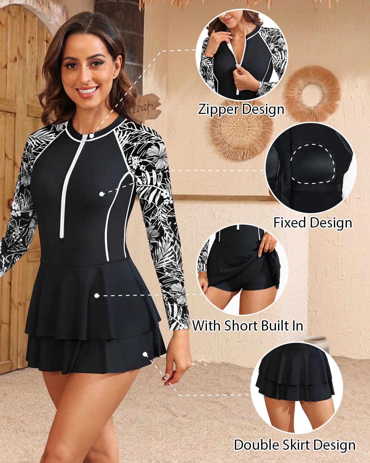 Daci Women Long Sleeve One Piece Rash Guard Modest Swimsuits Dress Zipper Bathing Suit Skirt with Short UPF 50+