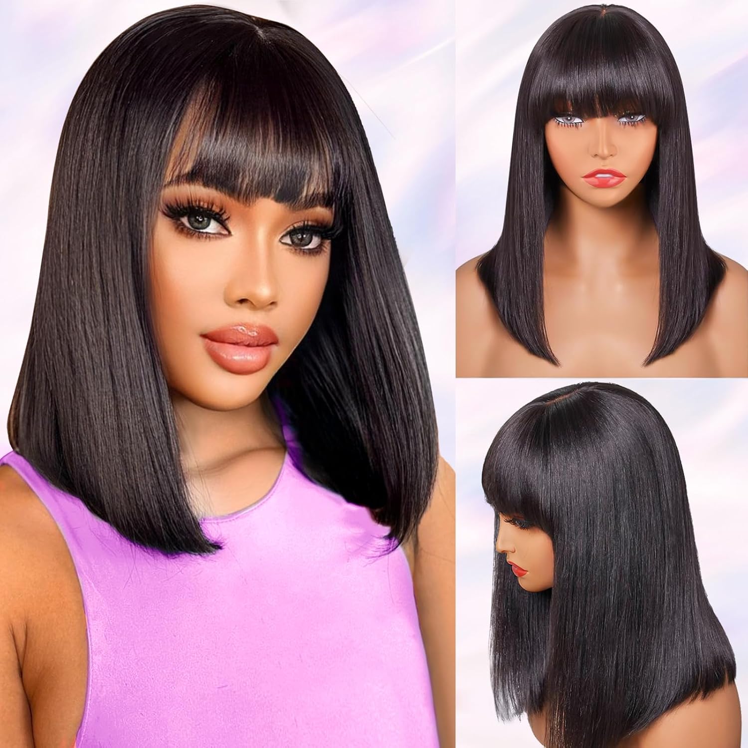 Lativ Bob Wig with Bangs Human Hair 4x2 Lace Bob Wig Human Hair with Bangs 180% Density Wigs For Women Natural Black(10 Inch,Bob With Bangs)