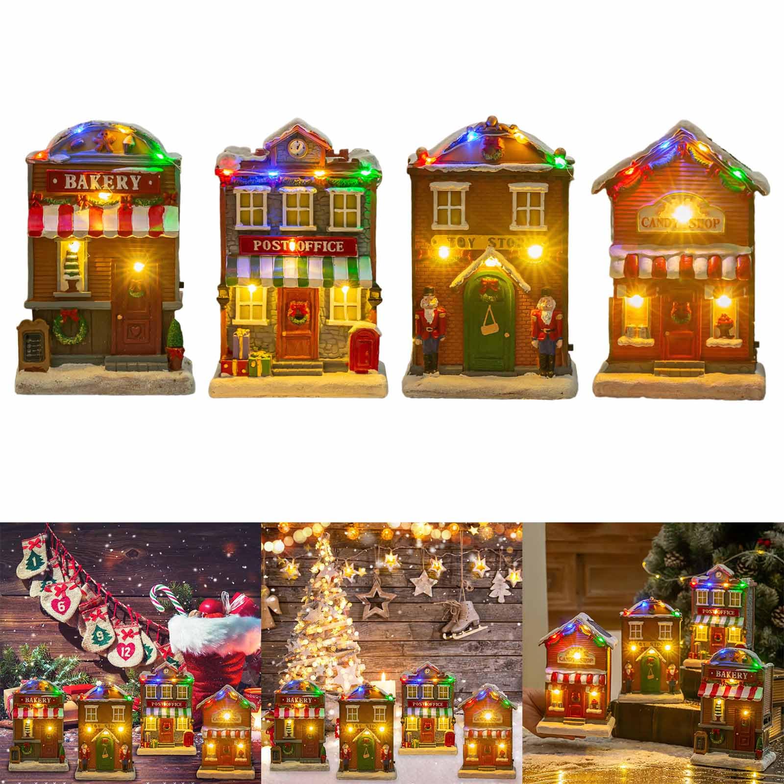 Illuminated Musical Christmas Houses Figurine Battery Operated Tabletop Holiday Display