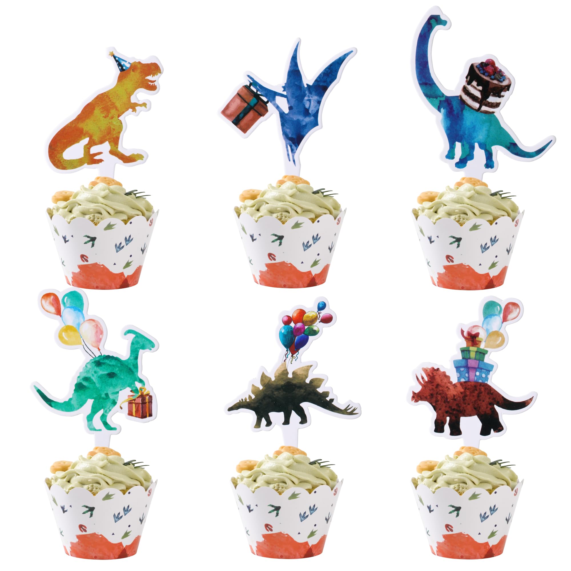 ecoZen Realistic Dinosaur Cupcake Toppers and Wrappers, Cute Dino Birthday Decorations for Party, Baby Shower, Gender Reveal, Cartoon Dinosaur Cupcake Liners and Toppers, 30 of Each