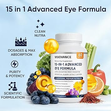 VisioVance 15 in 1 Advanced Eye Formula - Eye Vitamins Formula with All 3 Carotenoids, Lutein & Zeaxanthin, Bilberry Extract and Saffron, 60 Count(1)