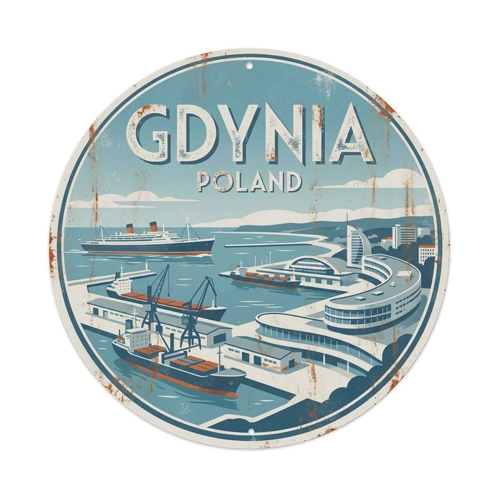 Vintage Travel Poland Gdynia Vintage Metal Tin Sign Plaque Wall Decor for Cafe, Club Bar, Office, Garden Metal Poster 8x8Inch