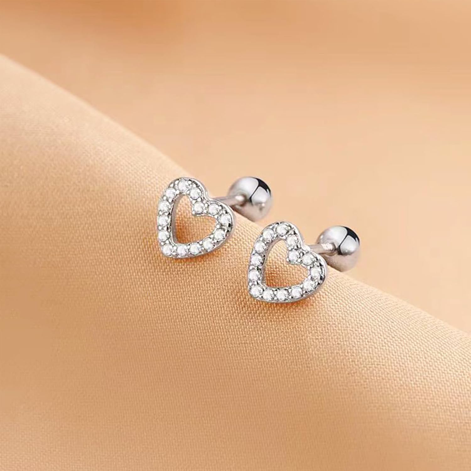 20G Tiny CZ Heart Stud Earrings for Women Silver Plated Hypoallergenic Cubic Zirconia Cute Small Ball Screw Back Studs Cartilage Tragus Post Dainty Wedding Birthday Party Jewelry Gifts - Image 2