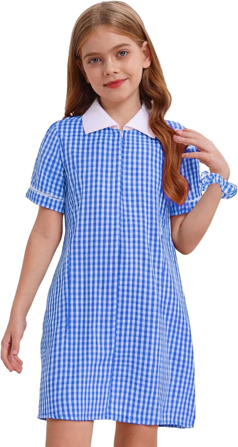 Kids Girls School Uniform Gingham Dress Turn-Down Collar Front Zipper Short Sleeve Pleated Hem A-line Dress
