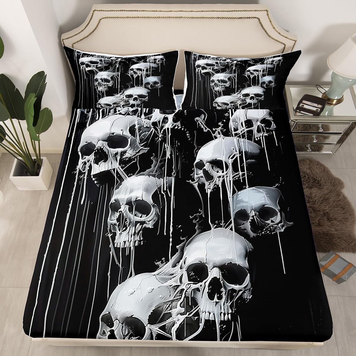 Erosebridal Gothic Skull Fitted Sheet Full Size - Black Goth Bedding Set, Vintage Style Skeleton Bed Sheets for Women Men, Spooky Horror Halloween Bed Set 3Pc Room Decor (No Flat Sheet)