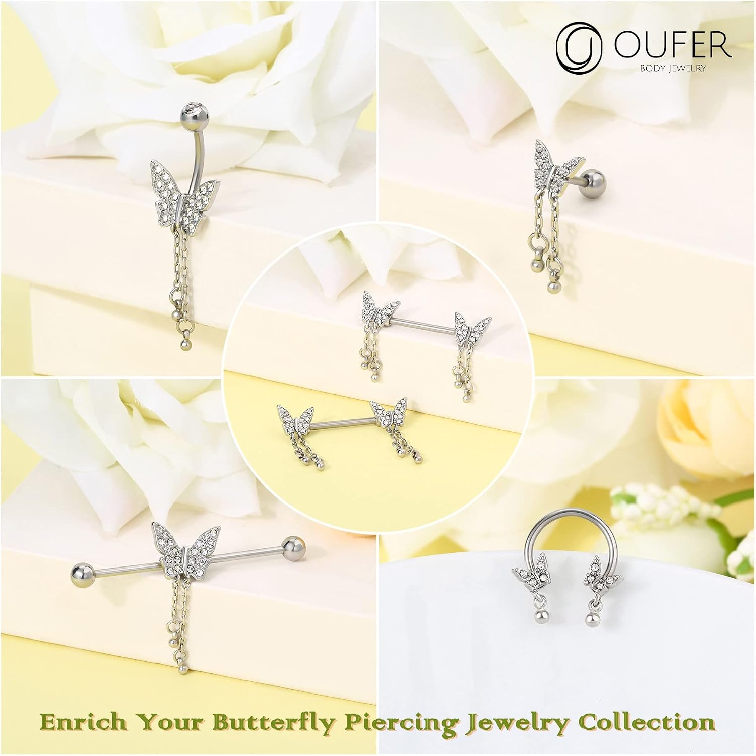 OUFER Butterfly Industrial Piercing Jewelry, 14G Surgical Steel Barbells, Chain Earrings, Bar for Women