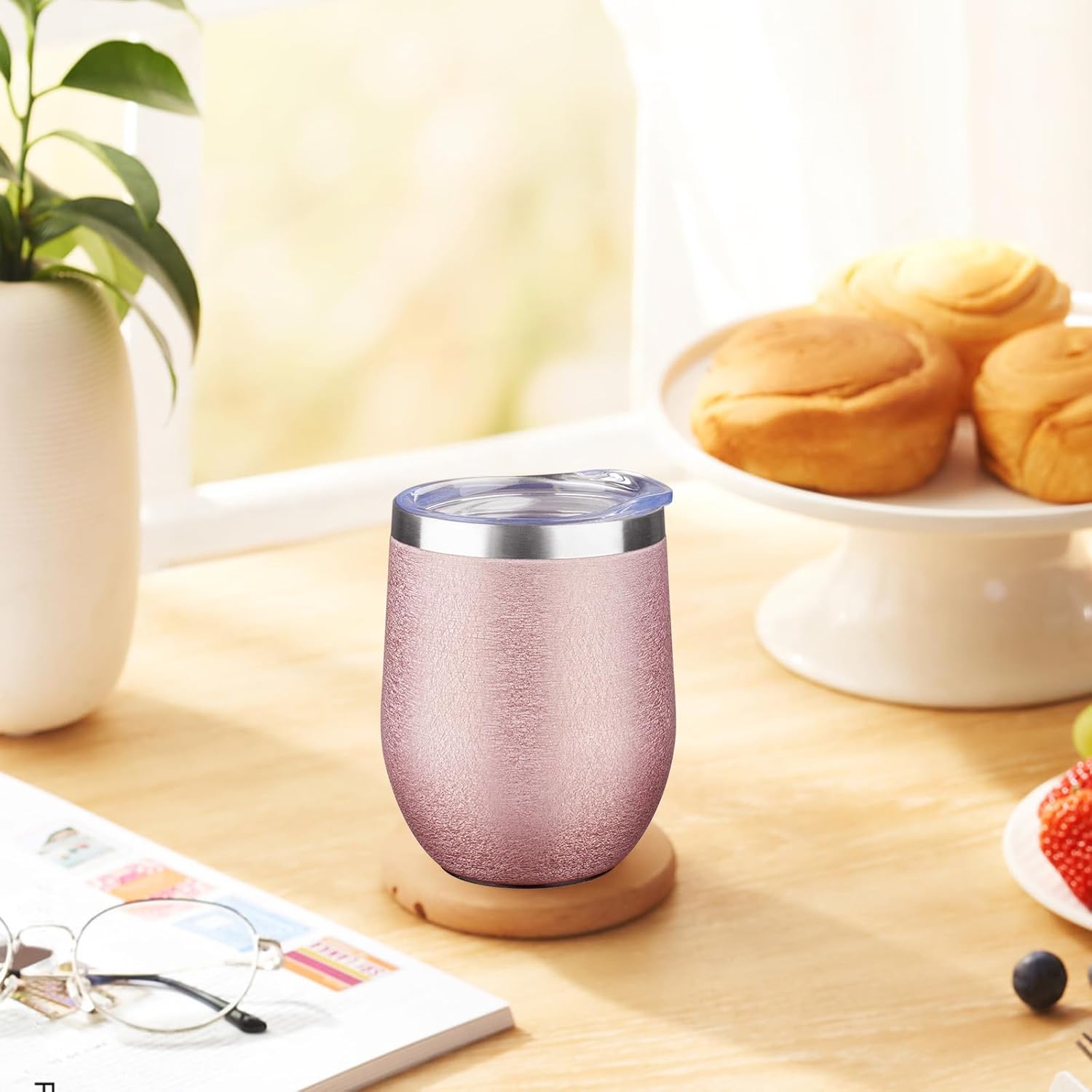 12 oz Insulated Wine Tumbler with Lid and Straw Double Wall Vacuum Insulated Wine Cup Stainless Steel Wine Tumbler Glasses for Coffee,Champaign,Office (Wrinkle Paint Rose Gold,1) - Image 7