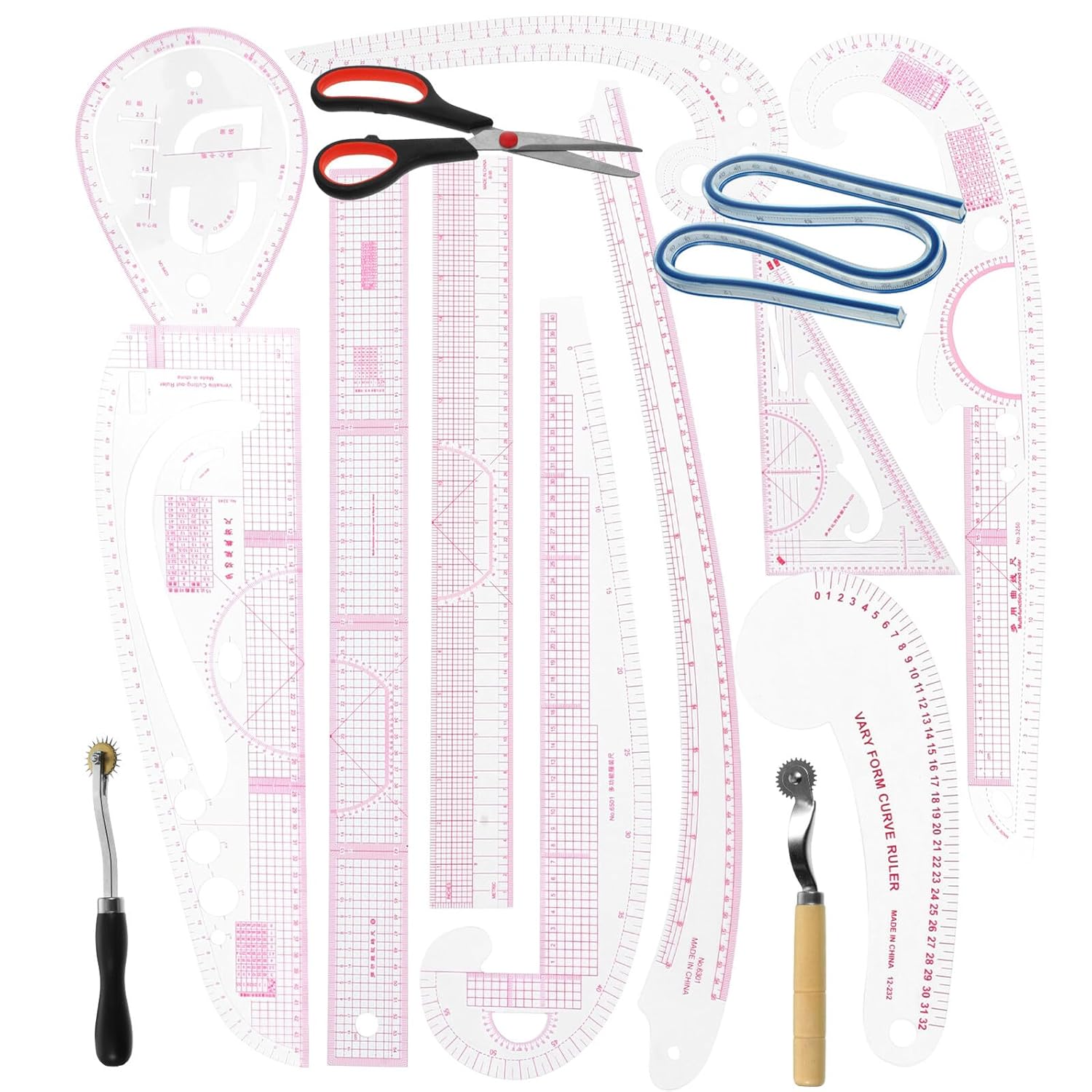Cabilock 14pcs Curve Ruler for Pattern Making Sewing Rulers Set with Tracing Wheel for Beginners Garment Makers and Clothing Design, Multifunctional Sewing Tools Kit for Fabric Cutting