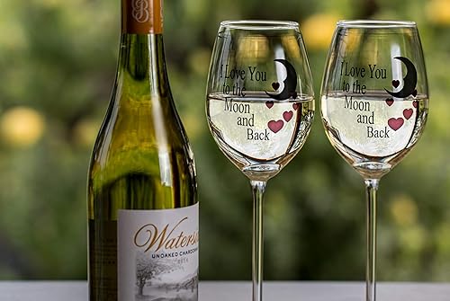 Miniatura 8 de Lovers - Juego de 2 copas de vino, con texto en inglés "I Love You to the Moon & Back with Red Hearts", diseño de corazón, aniversario, boda,