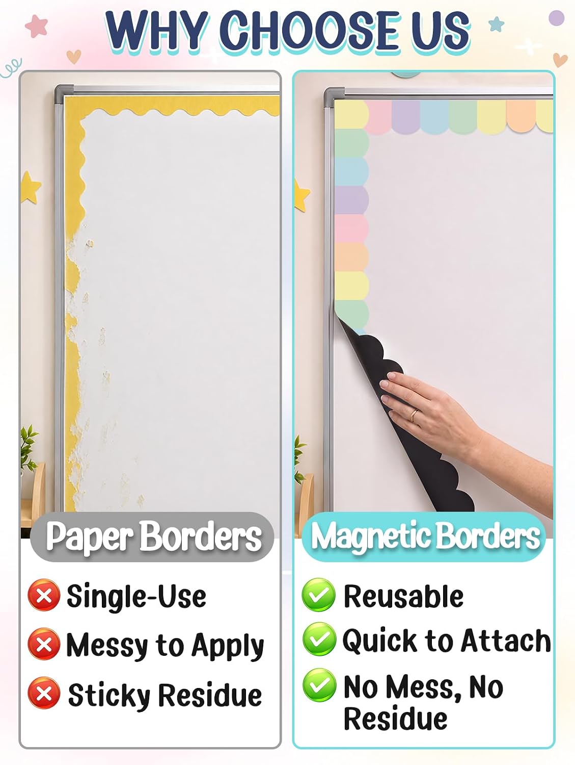 Reusable Pastel Magnetic Borders for Classroom Whiteboard, 49ft L x 2.4in W image 2