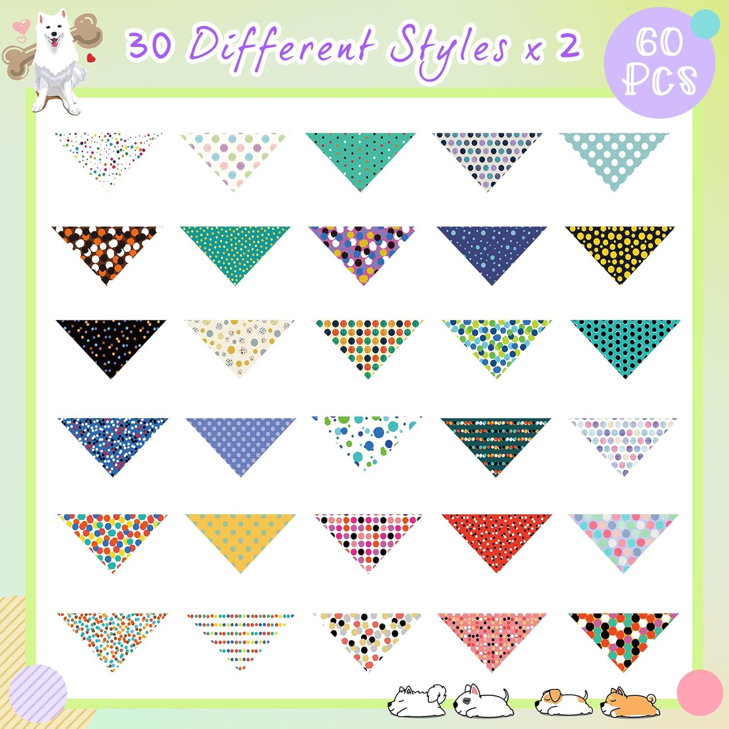 Sweetude 60 Pcs Dog Bandanas Bulk Polka Dot Pattern Triangle Scarf Adjustable Washable Bibs for Small Medium Dogs Pets