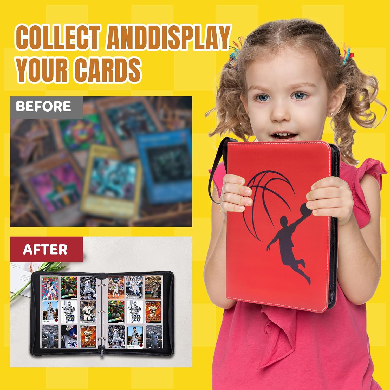 Card Binder 9 Pocket - Basketball Trading Card Binder Fits 990 Cards With 55 Removable Sleeves, Double Sided Pocket Zipper Card Binder for MTC, TCG, Game Cards, Sports Cards