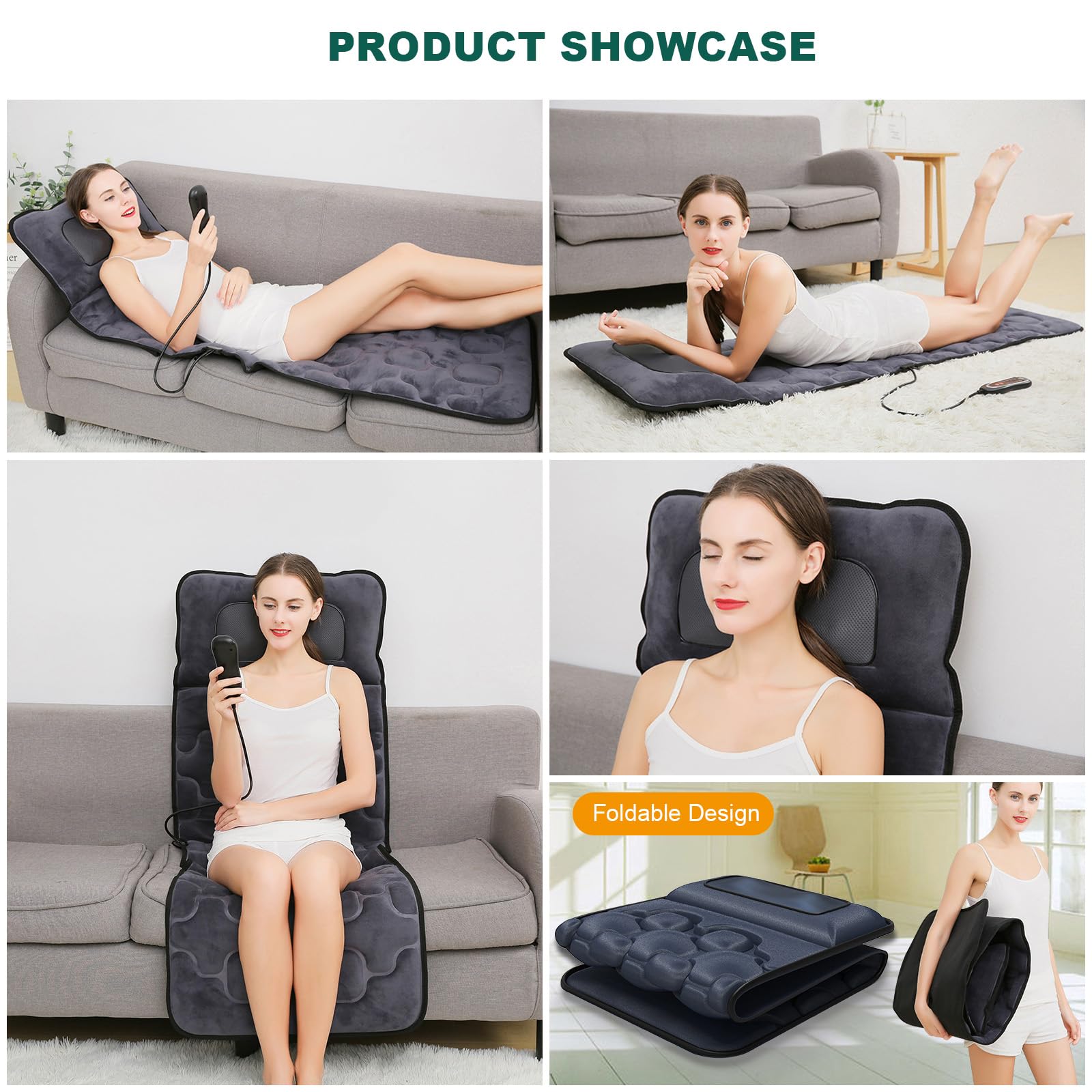 Esterilla de Masaje con Calefacción Colchón de Masaje con 10 Vibratorios y 9 Modos Almohadilla de Masaje Eléctrica para Cuello Espalda Circulación Muscular Relajación Muscular