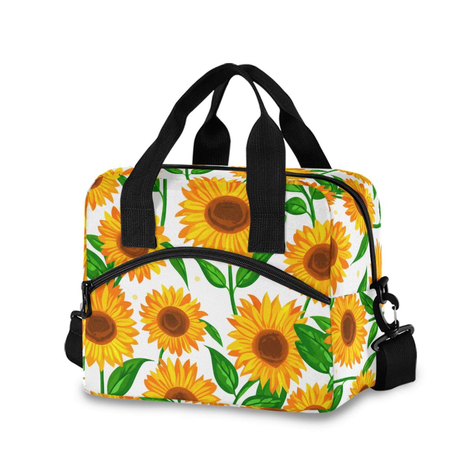 Insulated Lunch Bag Reusable Cooler Sunflower Leaves Floral White Lunch Box Adjustable Shoulder Strap for Adults Men Women