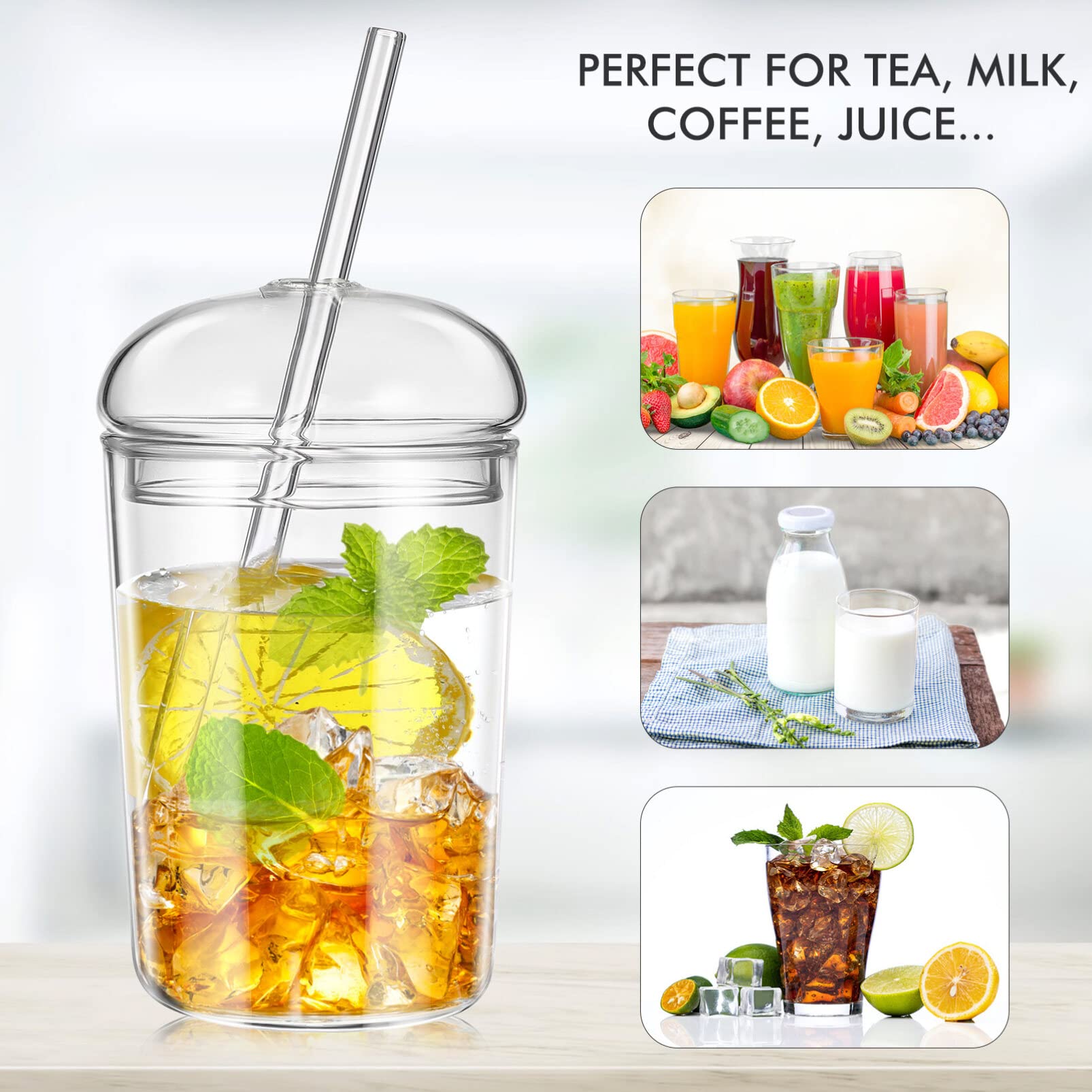 DOITOOL Lot de 2 tasses en verre transparent avec couvercles et pailles, 473,6 ml, pour café, thé, eau, cocktail, gobelet réutilisable avec couvercle et paille pour thé aux bulles, jus, café glacé