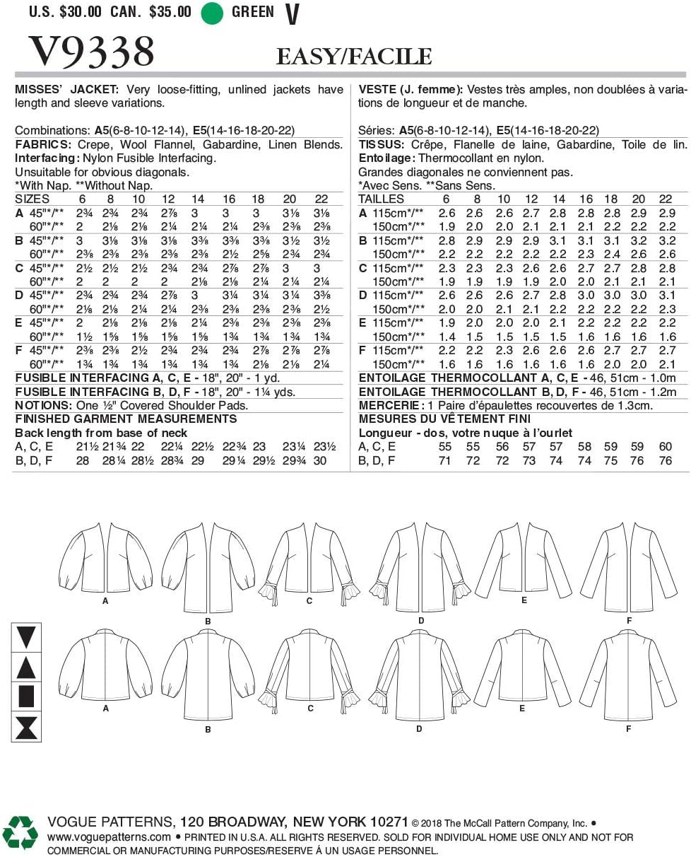Vogue V9338E5 Easy to Sew Women's Loose-Fitting Unlined Jacket Sewing Patterns, Sizes 14-22