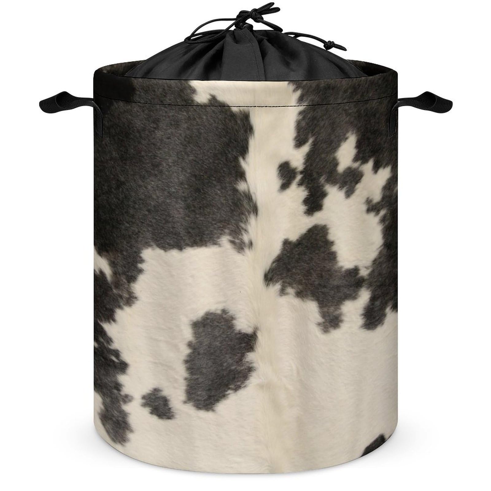 Qjjinxior Drawstring Laundry Hamper, Black Vintage Cowhide Laundry Basket, Washing Basket with Handle