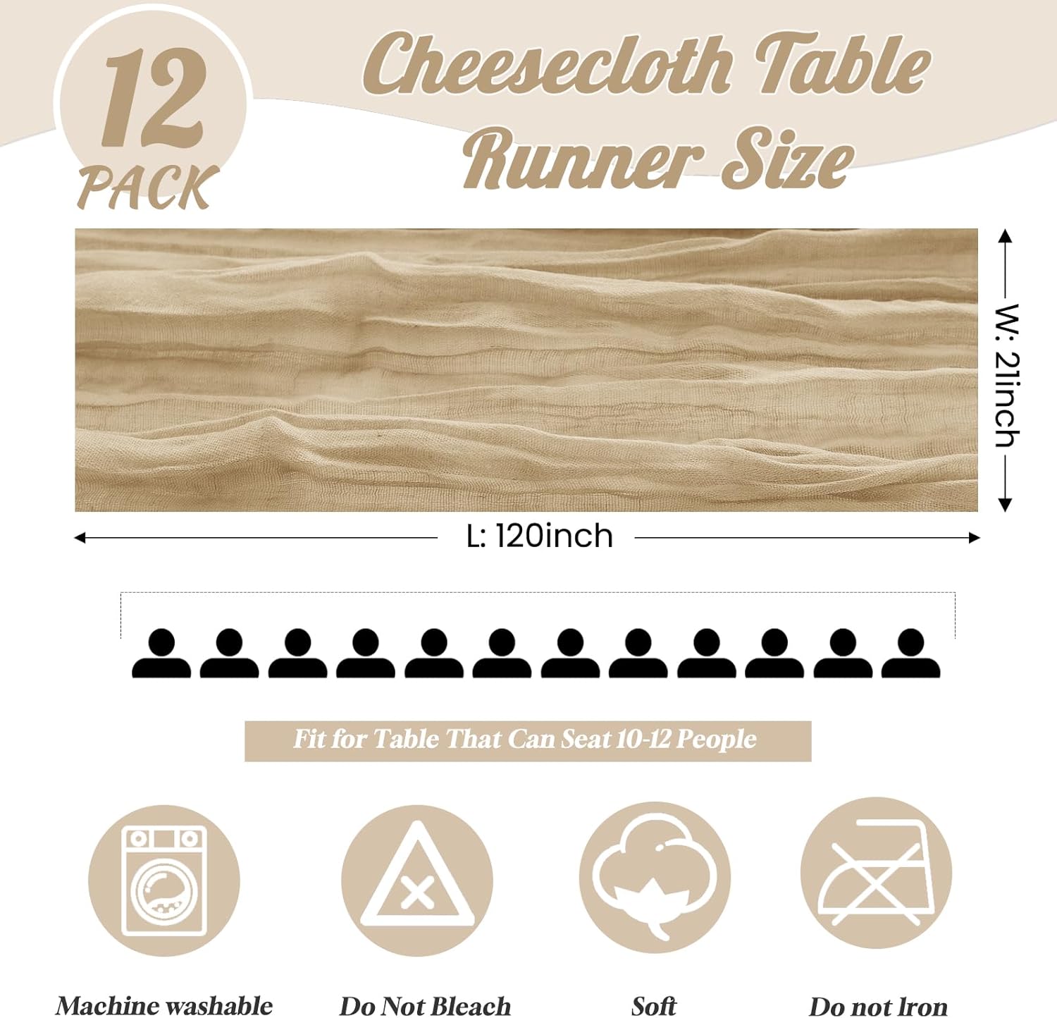 12 Pack Beige Spring Easter Table Runner 10FT Beige Cheesecloth Table Runner 21x120 inch Boho Gauze Cheese Cloth Table Runner Rustic Sheer Table Runner for Party Wedding Bridal Baby Shower Table Decor