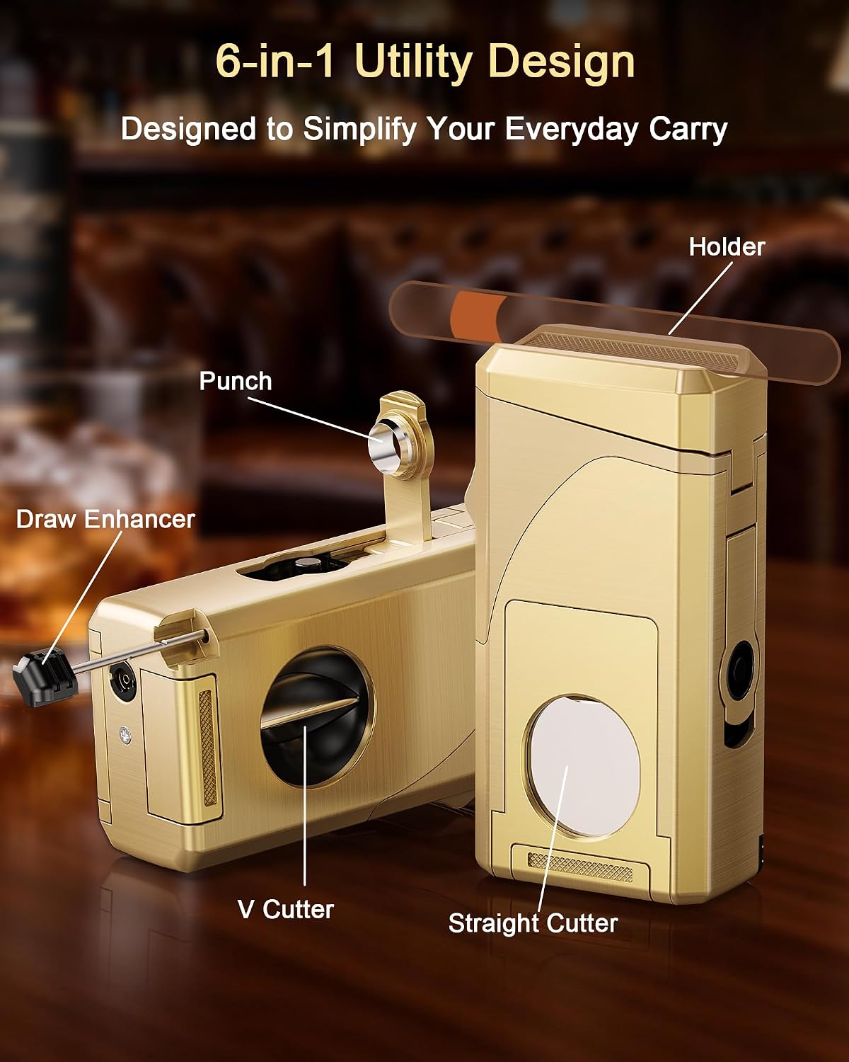 6-in-1 Torch Lighter with V Cutter, Straight Cutter, Punch, Holder, Draw Enhancer & Triple Jet Flame, All-in-One Cool Lighters Gift for Men, Windproof Refillable Butane Lighters for Candle, Travel
