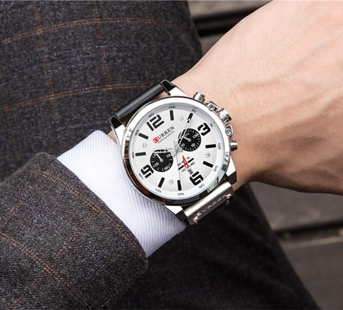 MASTOP Fashion Mens Watch Leather Military Stopwatch Waterproof Chronograph Watch Mens Quartz Watch with Date