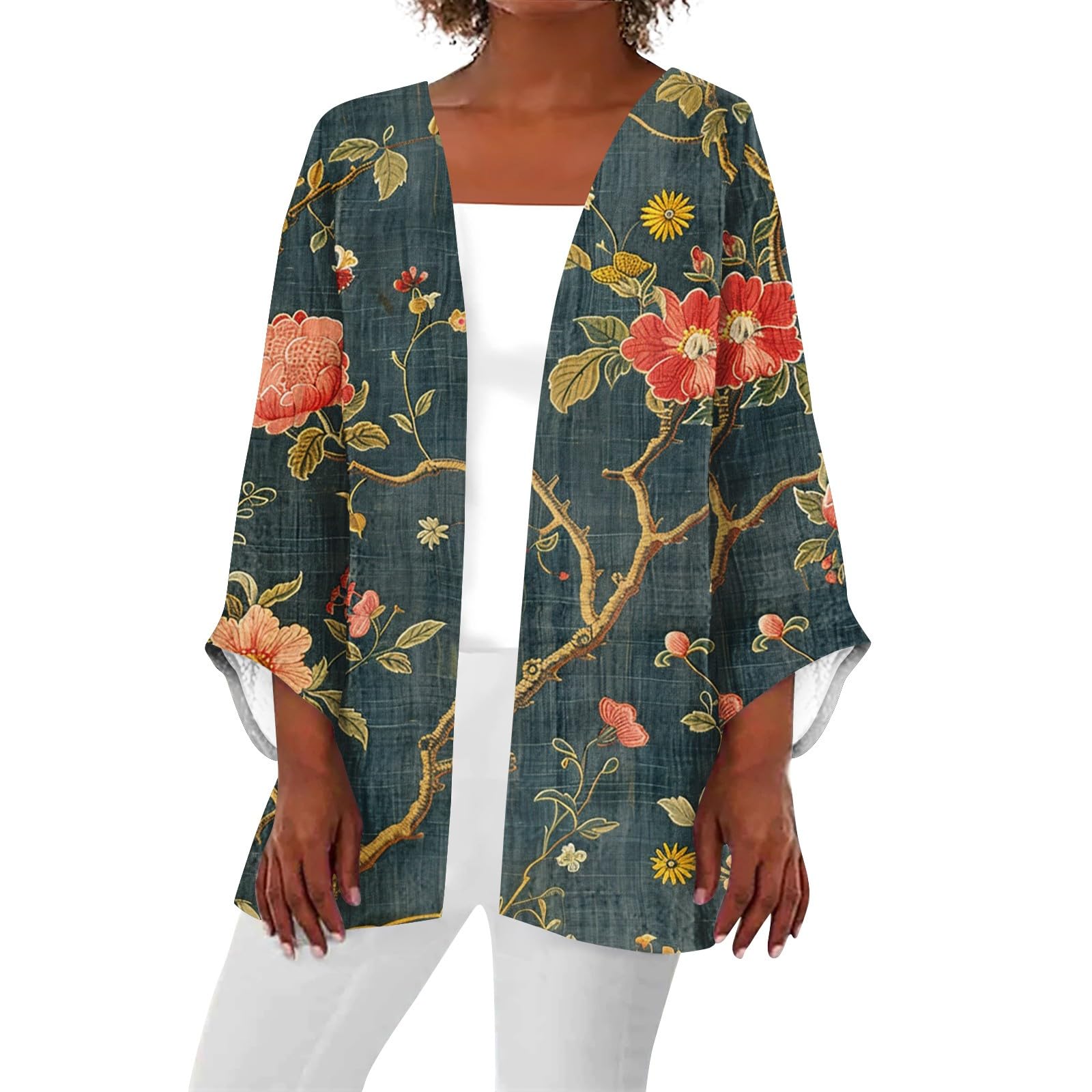 Swim Cover Up for Women Beach Kimono Summer Swimwear Puff Sleeve Cardigan Loose Striped 3 4 Sleeve Coverup