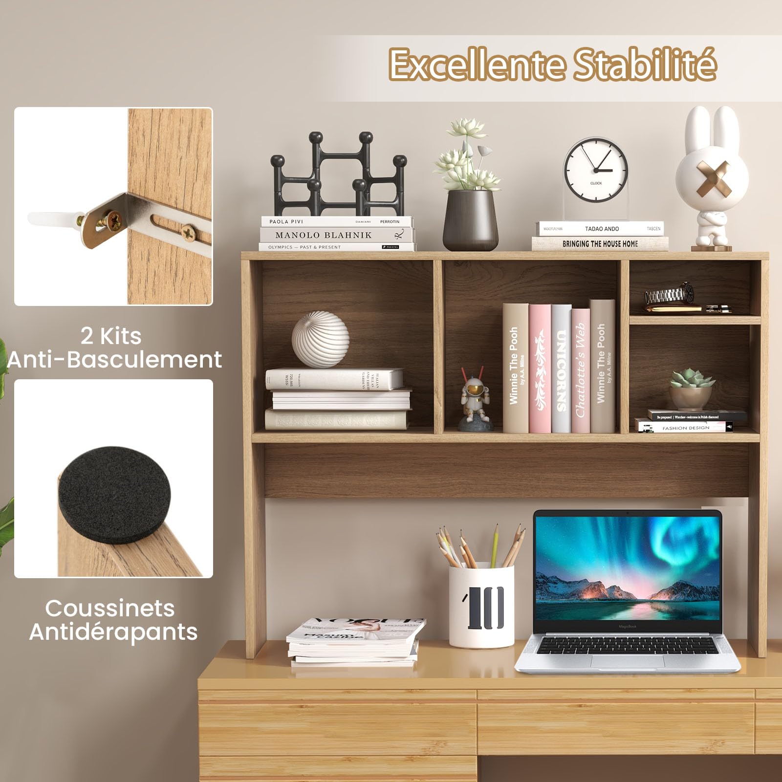 GOPLUS Etagere Bureau a Poser en Bois avec Plusieurs Tablettes, 94 x 25 x 73 CM Organiseur de Bureau avec 4 Compartiments Ouvert, Dispositif Anti-Basculement (Naturel, 94 x 25 x 73 CM|4 Bacs)